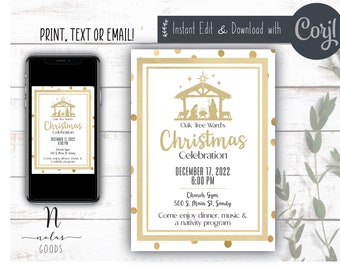 Kids Christmas Party Invite, Ward Christmas Party Flyer, Nativity Invitation Printable, LDS Christmas Party Invite Template