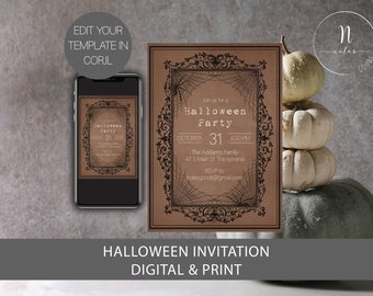 May include: A printable Halloween party invitation with a brown background and black ornate frame. The invitation features a spider web design and the text "Join us for a Halloween Party" with the date and time. The text "The Addams Family" and their address are also included.
