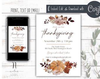 Descarga instantánea de invitación de Acción de Gracias, plantilla de invitación a la cena de Acción de Gracias, invitación a la cena de otoño imprimible, invitación de Acción de Gracias