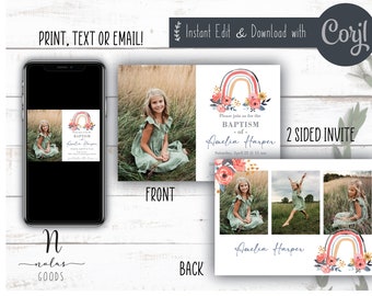 LDS Baptism Invitation Girl Rainbow, LDS Baptism Invitation Instant Download, Baptism Invitation with Photo, LDS Baptism Invite Template