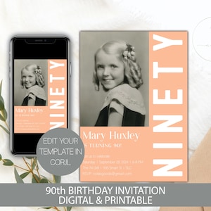 90th Birthday Invite, 90th Birthday Invitation for Women, Ninety Birthday Invitation, 90th Birthday Party Invitation Man