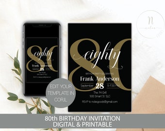 80th Birthday Invitation for Men, 80th Birthday Party Invitation, 80th Birthday Invite Women, 80 Birthday Invitation