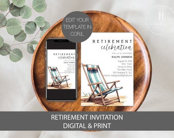 May include: A digital and printable retirement invitation with a beach chair illustration. The invitation is for Ralph Johnson's retirement celebration on August 24, 2024, at 5:30 PM. The event will be held at The Miller Home, 935 Ginsberg St. SLC. RSVP to nolasgoods@gmail.com.