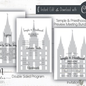 May include: A printable programme for a Temple and Priesthood Preview Meeting. The programme features a grey silhouette of the Salt Lake Temple and the text "Temple & Priesthood Preparation Meeting". The programme includes a welcome youth section, speaker information, and a refreshments section. The back of the programme is an invitation to the meeting with the date, time, and location.