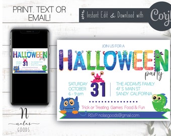 May include: A colorful invitation for a Halloween party with a monster theme. The invitation features a large, colorful word "HALLOWEEN" with monster faces. The text on the invitation reads "Join us for a Halloween party, Saturday October 31, 6-9 pm, The Addams Family, 47 S Main St, Sandy California, Trick or Treating Games Food & Fun, RSVP nolasgoods@gmail.com".