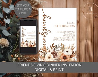 May include: A digital and printable invitation for a Friendsgiving dinner celebration. The invitation features a brown and white floral design with the text "Friendsgiving" in a brown script font. The text includes the date, time, location, and RSVP information.