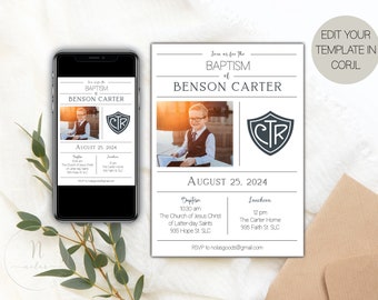 May include: A white and gray baptism invitation with a photo of a young boy in a suit and tie. The invitation includes the text "Join us for the Baptism of Benson Carter" and the date "August 25, 2024".
