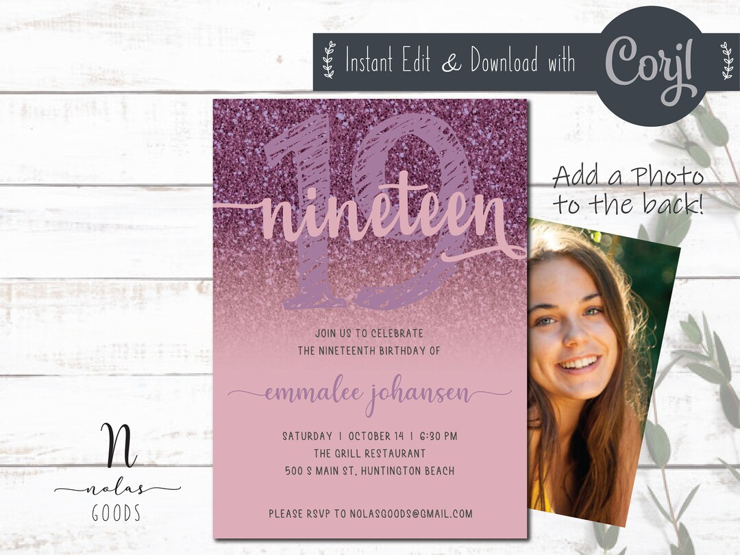 19th Birthday Invitation Purple, 19 Birthday Party Invitations, 19 ...