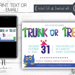 Trunk or Treat Flyer, Trunk or Treat Invites, School Halloween Party Flyer Template, Trick or Treat Party Invitation
