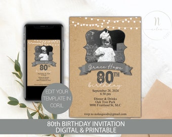 Puede incluir: Una invitación de cumpleaños imprimible para un 80 cumpleaños con un fondo marrón rústico y una foto de una niña. La invitación presenta luces de cadena, una pancarta gris con el texto "Grace Hope 80 cumpleaños", y la fecha y hora del evento. El texto "RSVP a nolasgoods@gmail.com" está en la parte inferior de la invitación.