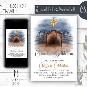 Nativité de fête de Noël de quartier, venez à Bethléem, invitation à la fête de Noël pour enfants, modèle d’invitation à la fête de Noël LDS
