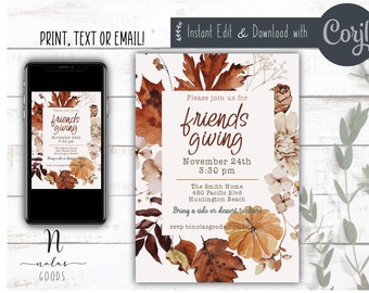 May include: An invitation to a Friendsgiving event featuring a watercolour design of autumn leaves and pumpkins. The text reads "Please join us for Friendsgiving, November 24th, 3:30 pm, The Smith Home, 480 Pacific Blvd, Huntington Beach, Bring a side or dessert to share, rsvp tonolasgoods@gmail.com".