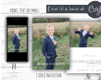 May include: Two-sided invitation for a baptism. The front side features a photo of a young boy in a suit with the text "Hudson James has chosen to be baptized". The back side includes the text "Please join us Saturday August 11, 2023 11:00 am The Church of Jesus Christ of Latter-day Saints 320 N Main St | Sandy Refreshments to follow."