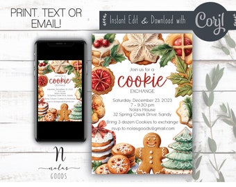 Pode incluir: Um convite festivo para um intercâmbio de biscoitos. O convite apresenta uma ilustração em aquarela de biscoitos de Natal, incluindo homens de gengibre, flocos de neve e biscoitos de açúcar decorados. O texto diz "Join us for a cookie exchange" e inclui a data, hora e local do evento.