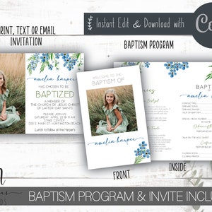 Puede incluir: Una plantilla de programa e invitación de bautismo imprimible con un diseño floral azul. El programa incluye espacio para el nombre de la persona que se bautiza, la fecha y hora de la ceremonia, y los nombres del oficiante y otros participantes. La invitación incluye una foto de la persona que se bautiza y el texto "amelia harper ha elegido ser bautizada".