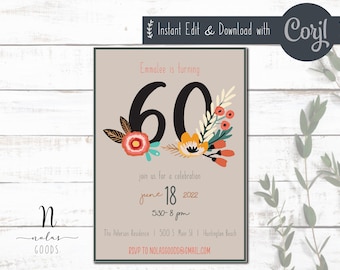 Modello di invito per il 60esimo compleanno, Invito di compleanno per lei, Invito per il 60esimo compleanno digitale, Invito per una festa di sessanta, Invito per il 60esimo compleanno