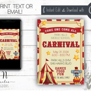 Modèle de Faire-part de carnaval scolaire, Flyer de carnaval modifiable, Flyer de carnaval en famille, Modèle de Flyer de collecte de fonds pour l&#39;école
