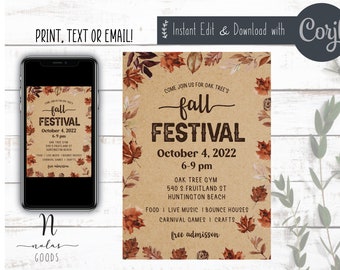 Plantilla de volante del festival escolar, invitación al festival de otoño imprimible, descarga digital del volante del festival de otoño, diseño de invitación a la fiesta de otoño