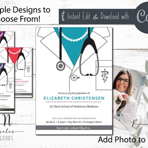 Può includere: Tre diversi design per un annuncio di laurea per un veterinario. L'annuncio presenta un camice bianco con uno stetoscopio e un simbolo medico. Il testo dell'annuncio recita "Annuncio della laurea di Elizabeth Christensen, UC Davis School of Veterinary Medicine".