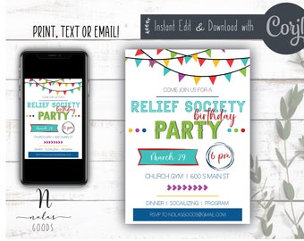 May include: Printable digital invitation for a Relief Society birthday party. The invitation features a colorful banner with flags, the text "Come Join Us For A Relief Society Birthday Party", the date "March 29", the time "6 pm", the location "Church Gym | 600 S Main St", and the RSVP information "RSVP to nolasgoods@gmail.com".