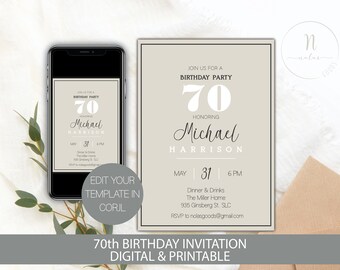 70th Birthday Party Invitation, 70 Birthday Invitation Men, 70th Birthday Invitation for Women, 70th Birthday Invite Template