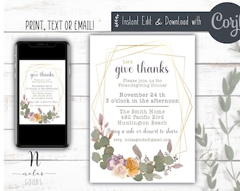 Descarga instantánea de invitación de Friendsgiving, plantilla de invitación a la cena de Acción de Gracias, invitación a la cena de otoño, invitación a la comida compartida de Friendsgiving