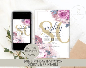 May include: An 80th birthday invitation template with a floral design. The invitation features a gold number 80 with the word "eighty" in a blue script font. The text reads "birthday party celebrating Josephine Anderson, September 28, 5-7:30 PM, The 74 Grill, 935 Smart St SLC, RSVP to nolasgoods@gmail.com".