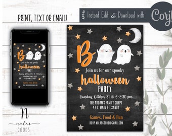 May include: Printable Halloween party invitation with a chalkboard background, orange and white stars, a crescent moon, and two friendly ghosts. The text reads "Boo! Join us for our spooky Halloween Party. Tuesday, October 31 @ 6-8:30 pm. The Addams Family Crypt, 47 S. Main St. Sandy. Games, Food & Fun. RSVP NOLASGOODS@GMAIL.COM"