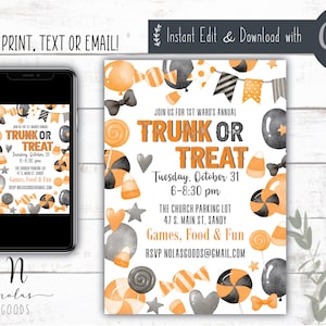 Halloween Trunk or Treat Invitation Template, Trunk or Treat Flyer Church, Trunk or Treat Invites Download, School Halloween Party Flyer