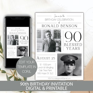 90th Birthday Party Invitation Man, 90th Birthday Invite, 90th Birthday Invitation for Women, Ninety Birthday Invitation