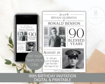 90th Birthday Party Invitation Man, 90th Birthday Invite, 90th Birthday Invitation for Women, Ninety Birthday Invitation