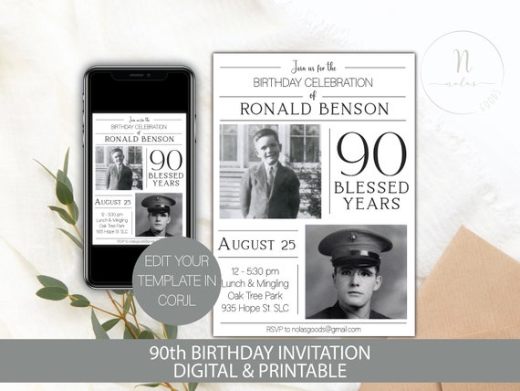 90th Birthday Party Invitation Man, 90th Birthday Invite, 90th Birthday Invitation for Women, Ninety Birthday Invitation