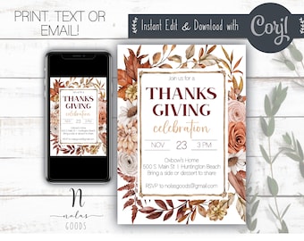 May include: Thanksgiving invitation with a fall floral design. The invitation is for a celebration on November 23rd at 3 PM at Oxbow's Home, 500 S Main St, Huntington Beach. Guests are asked to bring a side dish or dessert to share. RSVP to nolasgoods@gmail.com.