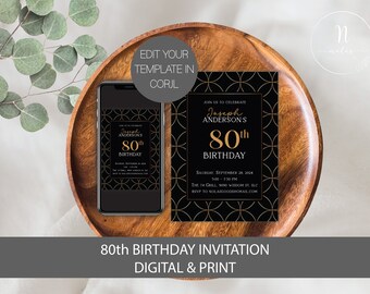 May include: Black and gold 80th birthday invitation with a geometric pattern. The invitation says "Join us to celebrate Joseph Anderson's 80th Birthday".