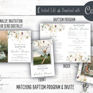 Puede incluir: Plantilla editable de invitación y programa de bautismo con un diseño floral. La invitación presenta una foto de una niña con un vestido verde claro. El programa presenta un diseño floral en una combinación de colores verde claro, blanco y dorado. El texto de la invitación dice "Por favor, únase a nosotros para el bautismo de Amelia Harper". El texto del programa dice "Bautismo de Amelia Harper".