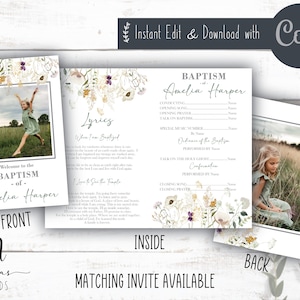 Peut inclure: Un modèle de programme de baptême imprimable avec un motif floral. La page de couverture présente une photo d'une jeune fille en robe verte. La page intérieure comporte un espace pour les paroles et l'ordre du service. La page arrière comporte un espace pour une photo et le texte "Baptême d'Amelia Harper".