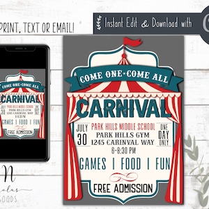 Téléchargement numérique d&#39;invitation de carnaval, Flyer de carnaval modifiable, Invitation numérique de carnaval d&#39;école, modèle modifiable de Flyer de collecte de fonds