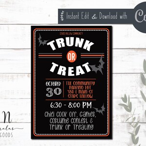 May include: Black and orange printable sign for a Trunk or Treat event. The sign says "Trunk or Treat" with the date October 30th, time 6:30-8:00 PM, and location: The Community Parking Lot, 180 1 Main St, Stars Hallow. The sign also includes details about a chili cook off, games, costume contest, and trunk or treating.