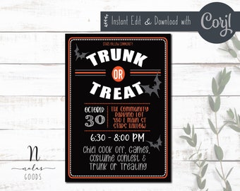 Zaproszenie Trunk or Treat do wydrukowania, szablon ulotki na szkolną imprezę halloweenową, zaproszenia na sztuczki lub smakołyki dla dzieci, zaproszenia Trunk or Treat