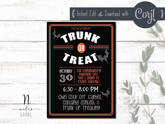 Trunk or Treat Invitation Printable, School Halloween Party Flyer Template, Trick or Treating Invitations for Kids, Trunk or Treat Invites