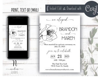 We Eloped Reception Invitation, Elopement Announcement Card, Happily Ever After Party Invitation, We Got Married Announcement