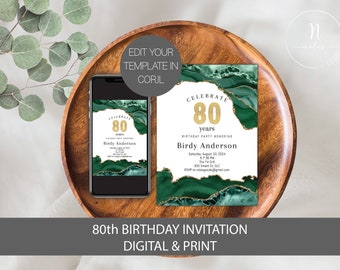 Può includere: Un modello di invito per un 80° compleanno con un design in marmo verde e oro. Il testo recita "Celebra 80 anni Festa di compleanno in onore di Birdy Anderson".