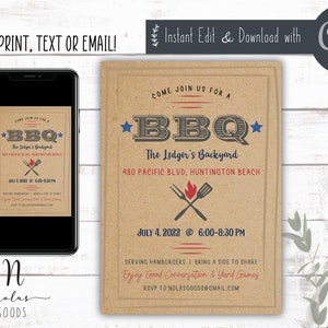 May include: A printable invitation for a backyard BBQ on July 4th, 2022. The invitation is on a brown paper background with red, white, and blue accents. It features the text "Come join us for a BBQ", "The Ledger's Backyard", "480 Pacific Blvd, Huntington Beach", "July 4, 2022 @ 6:00-8:30 PM", "Serving hamburgers | Bring a side to share", "Enjoy good conversation & yard games", and "RSVP to nolasgoods@gmail.com".