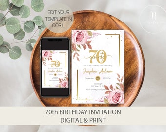 70th Birthday Invitation for Women, 70th Birthday Invite Template,70 Birthday Invitation Digital, 70th Birthday Party Invite