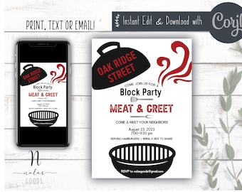 May include: Printable invitation for a block party on Oak Ridge Street. The invitation features a black and red illustration of a grill with smoke coming out of it. The text reads "Come join us for a Block Party Meat & Greet. Come & meet your neighbours. August 23, 2023, 7:00-9:30 pm. Serving hamburgers. Bring a side to share. RSVP to nolasgoods@gmail.com."
