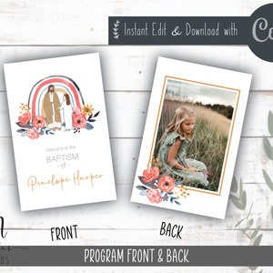 May include: A printable baptism programme template featuring a watercolour rainbow, floral accents, and a photograph of a young girl. The front of the programme reads "Welcome to the Baptism of Penelope Harper".