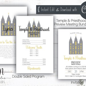 Könnte beinhalten: Ein Bündel weißer Papierprodukte mit Text und Grafiken. Die Designs umfassen eine Tempelillustration in Grau und Gelb mit den Texten "Temple & Priesthood" und "Lyrics". Das Bundle enthält eine Einladung und ein Programm.