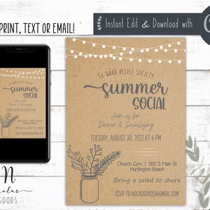 Relief Society Invitation, Summer Salad Social Invitation Download, Salad Social Invitations Printable, Summer Social Invite Template