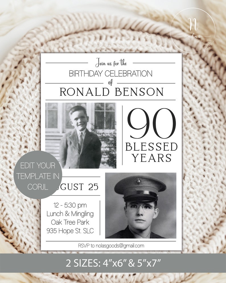 May include: A black and white birthday invitation for Ronald Benson's 90th birthday. The invitation features two photos of Ronald, one as a young boy and one as an older man. The invitation includes the date, time, and location of the event. It also includes the text "90 Blessed Years".