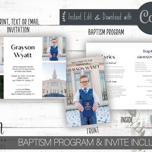 Puede incluir: Un conjunto imprimible de programa e invitación de bautismo con un niño pequeño con traje sosteniendo un libro. El programa incluye un mensaje de bienvenida, letras de canciones y un espacio para el orden del servicio. La invitación presenta una foto del niño y detalles sobre la ceremonia de bautismo.
